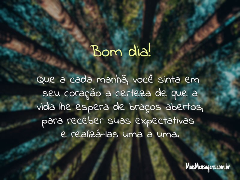 Bom dia Que a cada manhã, você sinta em seu coração a certeza de que a vida lhe espera de braços abertos, para receber suas expectativas e realizá-las uma a uma