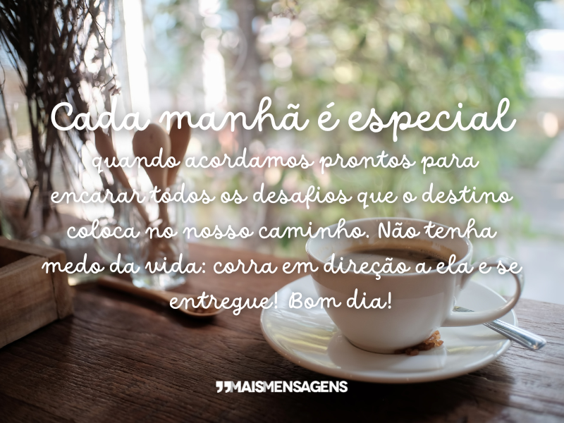 Cada manhã é especial quando acordamos prontos para encarar todos os desafios que o destino coloca no nosso caminho. Não tenha medo da vida: corra em direção a ela e se entregue! Bom dia!