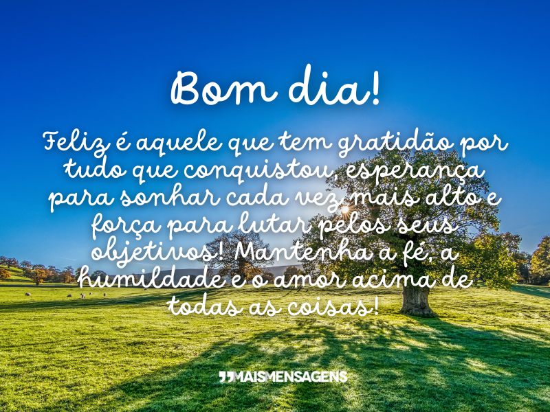 Bom dia! Feliz é aquele que tem gratidão por tudo que conquistou, esperança para sonhar cada vez mais alto e força para lutar pelos seus objetivos! Mantenha a fé, a humildade e o amor acima de todas as coisas!