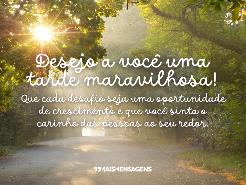 Desejo a você uma tarde maravilhosa! Que cada desafio seja uma oportunidade de crescimento e que você sinta o carinho das pessoas ao seu redor.