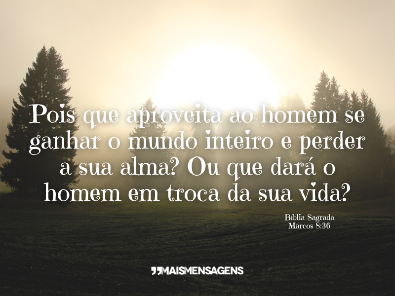 Pois que aproveita ao homem se ganhar o mundo inteiro e perder a sua alma? Ou que dará o homem em troca da sua vida? - Biblia Sagrada, Marcos 8:36