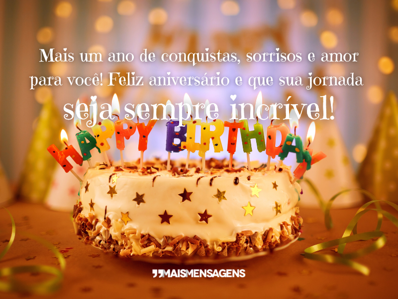 Mais um ano de conquistas, sorrisos e amor para você! Feliz aniversário e que sua jornada seja sempre incrível!